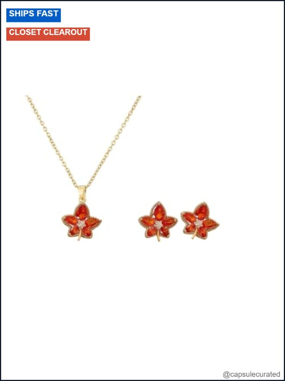Maple Leaf Rhinestone Jewelry Set - Necklace and Earrings